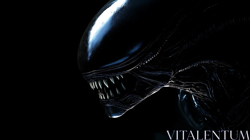 Gleaming xenomorph profile in stark cinematic darkness.