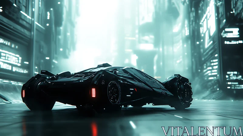 Futuristic stealth car idling in neon-drenched megacity street.