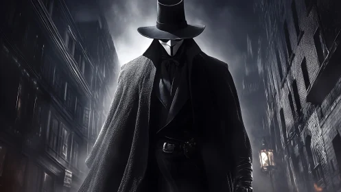 Masked vigilante stalks foggy Victorian alley at night.