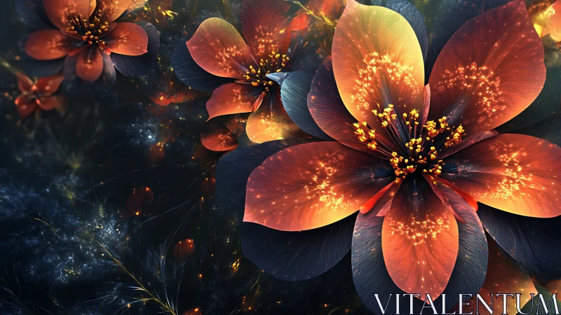 Glowing orange blossoms unfold like galaxies in the dark