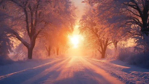 Winter road sunset through frosted trees in soft light.