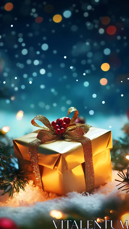 Golden Christmas gift box glows amid snow and festive bokeh