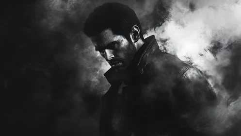 Man in leather jacket stands in dense monochrome smoke