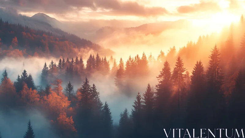 Autumn Forest Mountain Valley: Sunrise Mist Landscape Photography