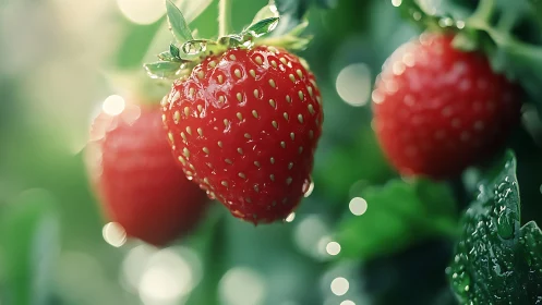 Macro view shows dew-covered ripe strawberries on plant