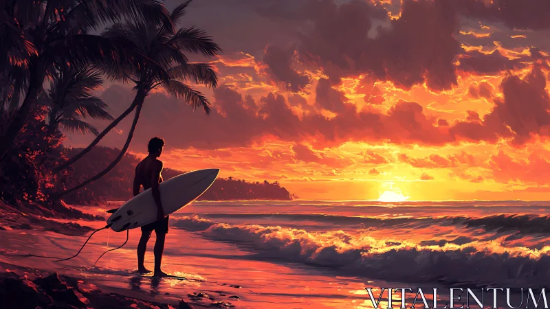 Surfer watches blazing tropical sunset over rolling waves.