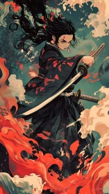 Samurai figure holds katana amid stylized water and flame