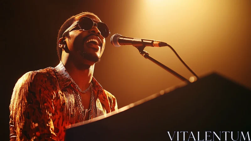 Soul musician singing at keyboard under warm stage light.