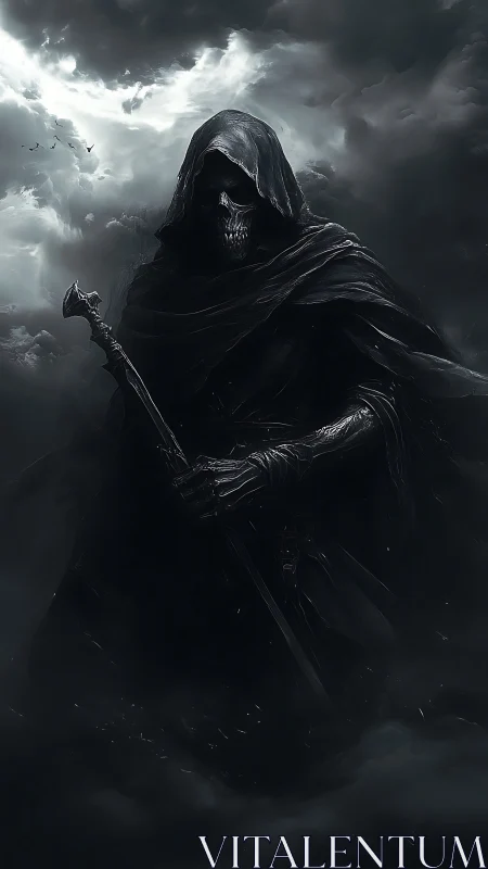 Hooded skeletal figure grips staff in dark storm clouds