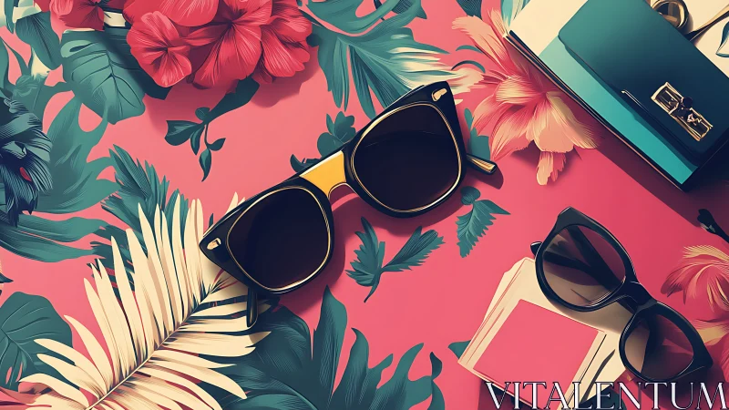 Sunglasses and accessories on tropical floral surface.
