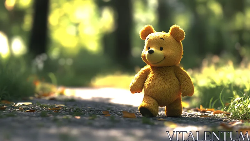 Plush bear character walks along sunlit forest pathway