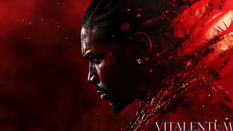 Bold warrior portrait glows in deep red cinematic haze