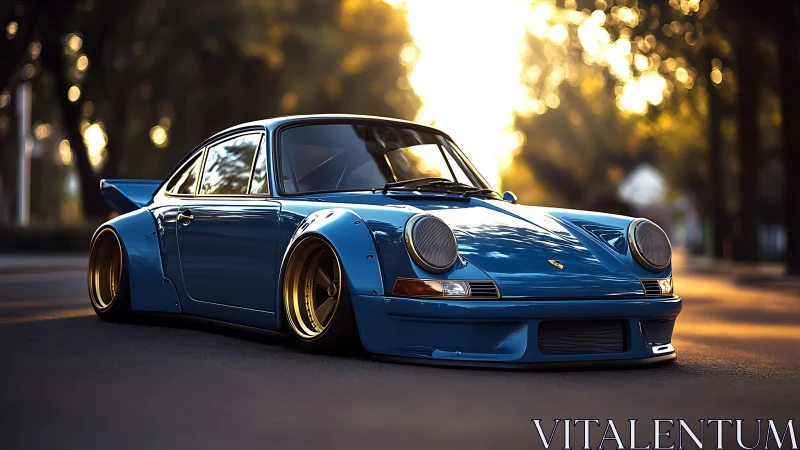 Blue widebody sports coupe sits low on sunlit street