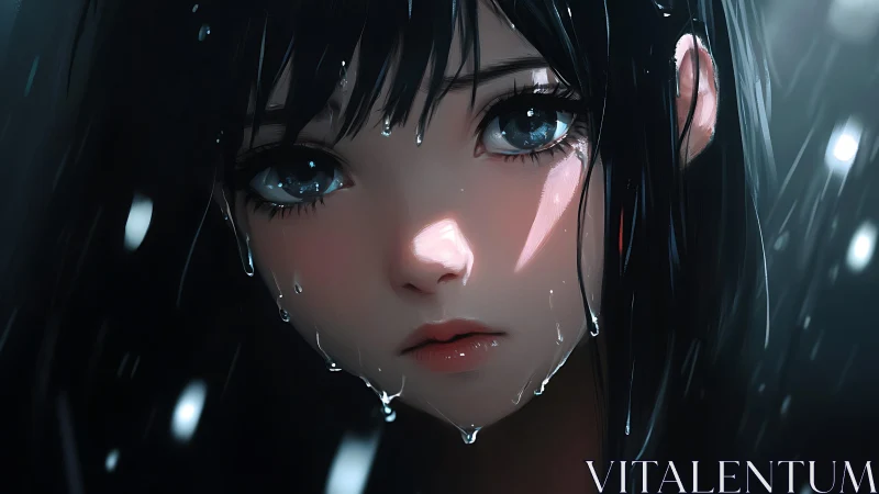 Close portrait of wet anime girl with reflective lighting.
