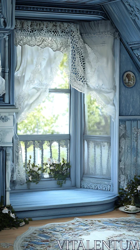 Sunlit blue window alcove with lace curtains and plants.