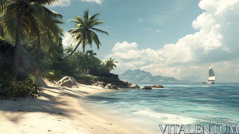 Tropical Coastal Vista With Palm Trees, Sailboat, and Turquoise Waters