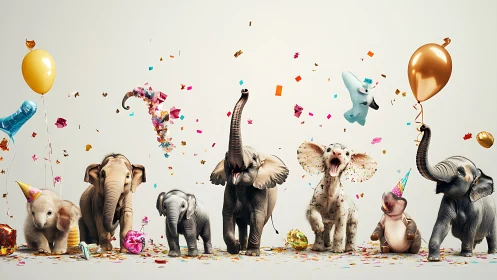 Infant elephants in synchronized party motion, confetti dynamics.
