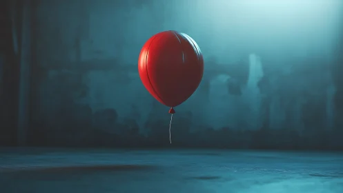 Red balloon floating alone in dim blue concrete room.