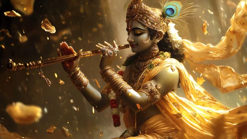 Divine figure plays flute amid golden petals and fabrics