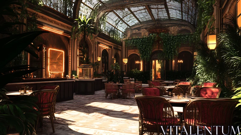 Sun-drenched conservatory caf&eacute; where vines court velvet chairs.