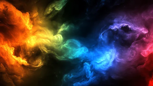 Multicolored nebula-like gaseous forms span a dark background