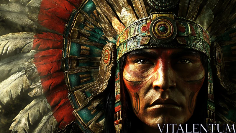 Warrior portrait with ornate feathered headdress in profile.