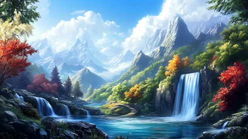 Luminescent alpine valley with dual waterfalls under clear sky