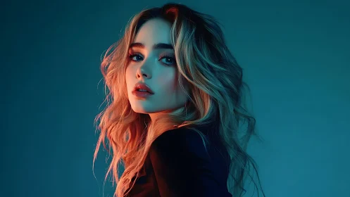 Soft neon portrait bathed in teal and coral glow.