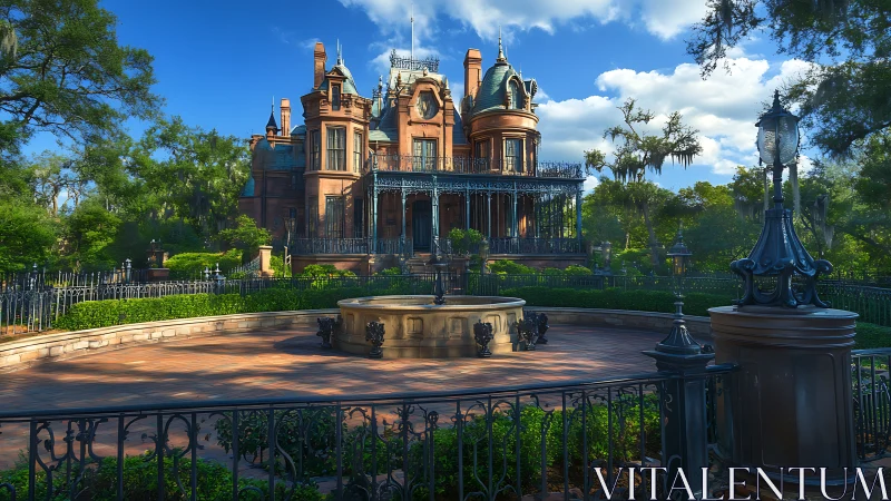Brick mansion with ornate ironwork and central courtyard fountain.