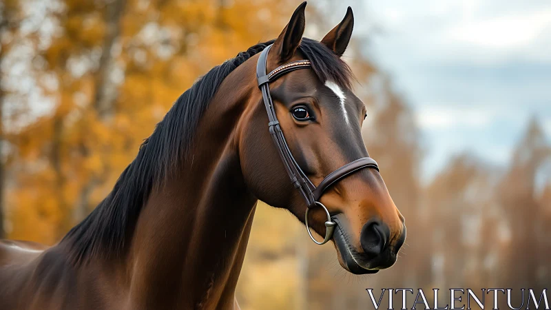 Chestnut sport horse headshot in bridle, shallow depth of field