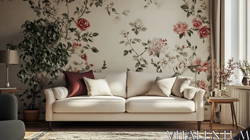 Floral daydream sofa nook in sunlit romantic living room.