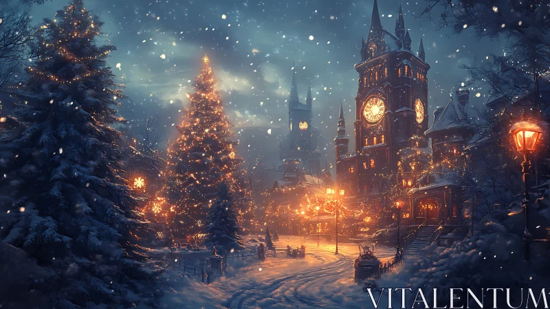 Winter clocktower square under glowing Christmas lights.