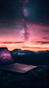 Open laptop glows under vivid galaxy at twilight horizon