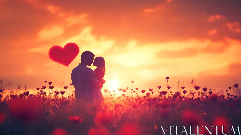 Silhouetted couple in field with oversized heart motif against sunset