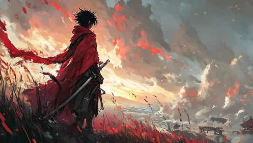 Scarlet wanderer overlooking storm-lit samurai horizon.
