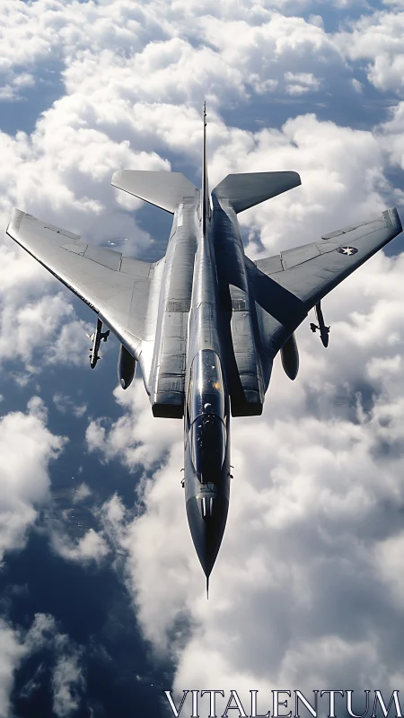 Jet aircraft in high-altitude overflight above cloud layer.