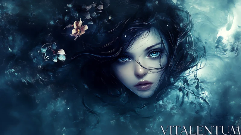 Moonlit water spirit with luminous eyes in swirling dusk.