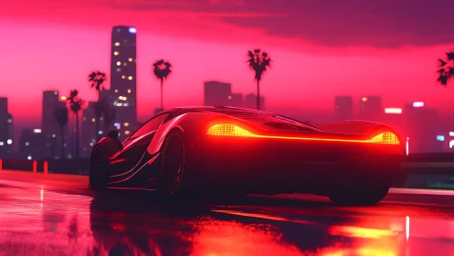 Futuristic sports car on wet city road at neon sunset.