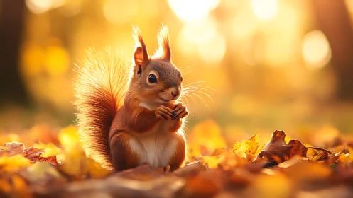 Backlit red squirrel amid golden autumn foliage at dusk.