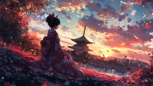 Sunset kimono reverie beside a tranquil pagoda lake.