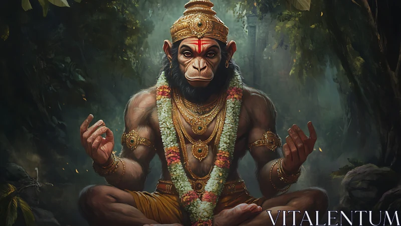 Jungle sage monkey crowned in gold and garlands of calm.