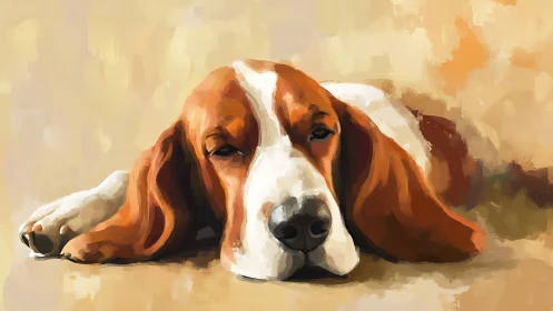 Basset hound portrait in warm-toned expressive brushwork.