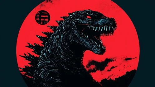 Kaiju silhouette dominates crimson eclipse-style sun circle.