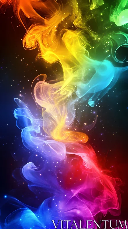 Vertical spectrum smoke trail with particle field background.