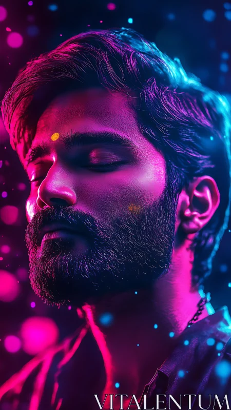 Neon-lit male portrait isolates serene expression in cyber glow