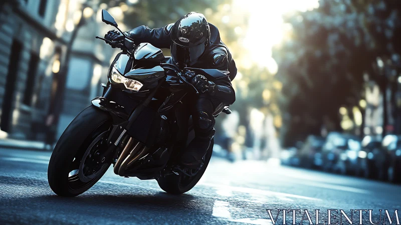 Sport motorcycle leans through sunlit city street corner