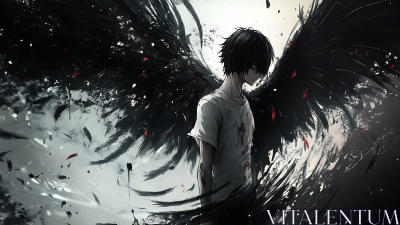 Dark-winged fallen youth in dynamic ink-splatter chiaroscuro