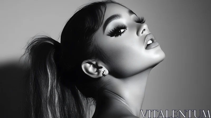 Monochrome side portrait of woman with high contrast lighting.