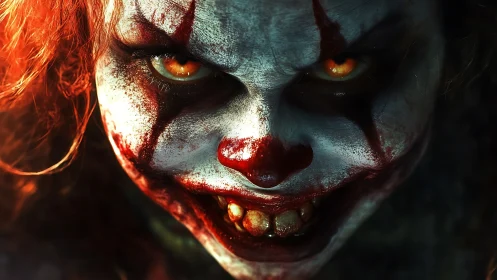 Grinning nightmare clown leans from the shadows and burns close