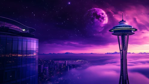 Neon-luminescent Seattle skyline under magenta exoplanet sky.